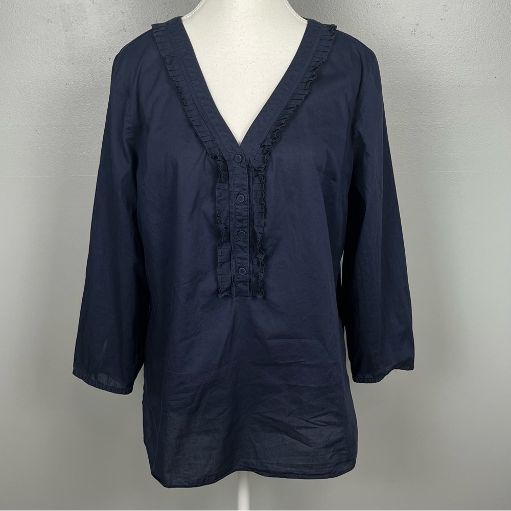 Talbots navy blue 100% cotton pintuck pleat ruffle trim popover top, medium.